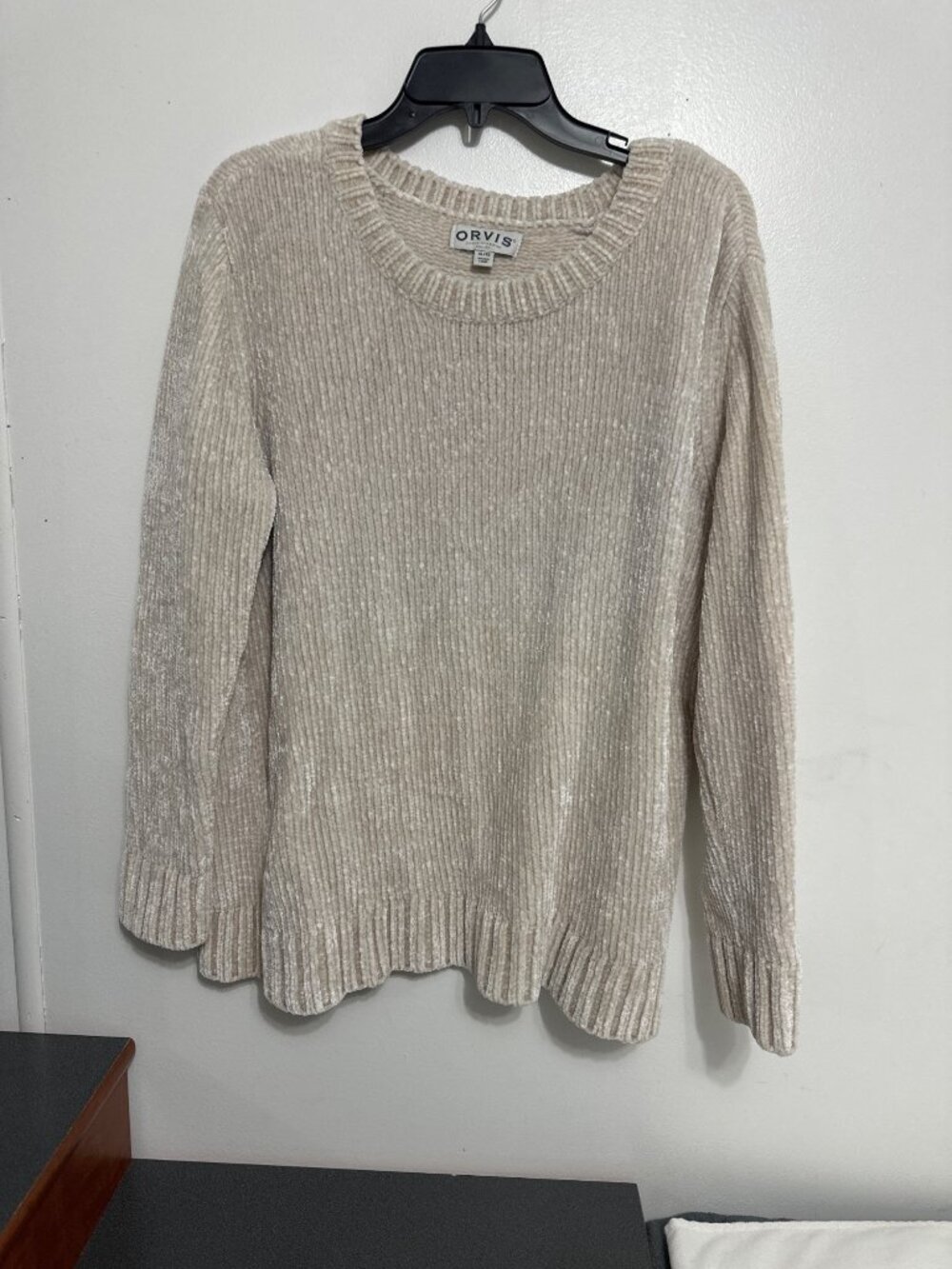 Orvis Womens XL Beige Chenille Sweater Ribbed Knit Long Sleeve Made In China